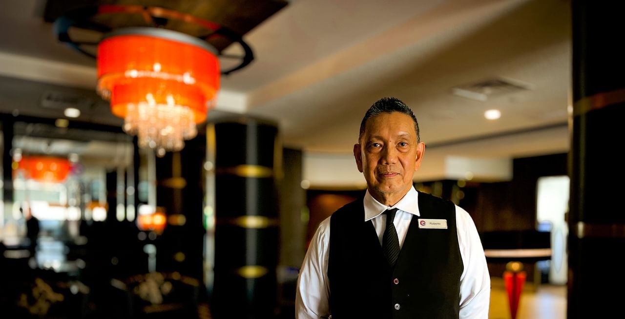 Hotel worker in hotel lobby