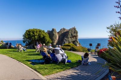 People sitting on the grass and a live music event