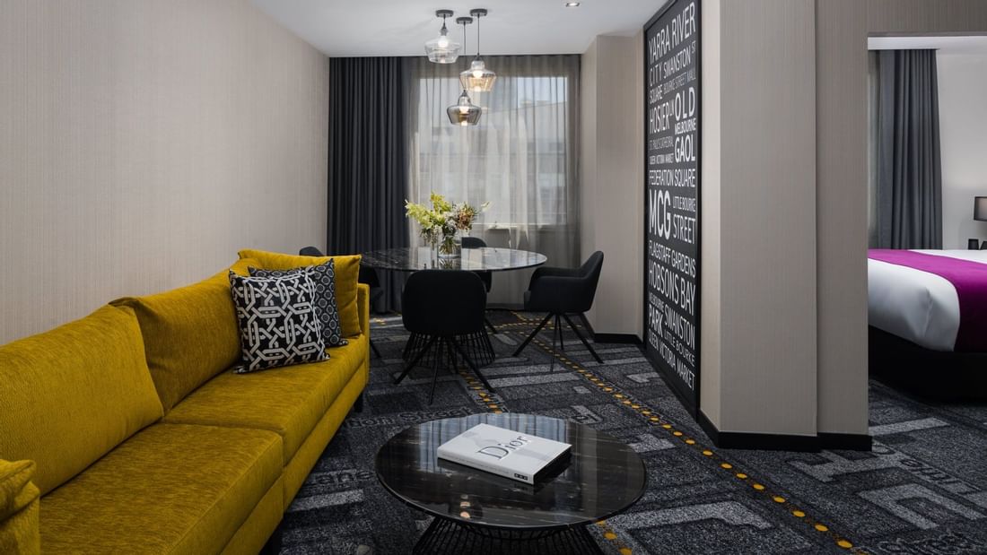 Living area of Premium Executive room at Pullman Melbourne CBD