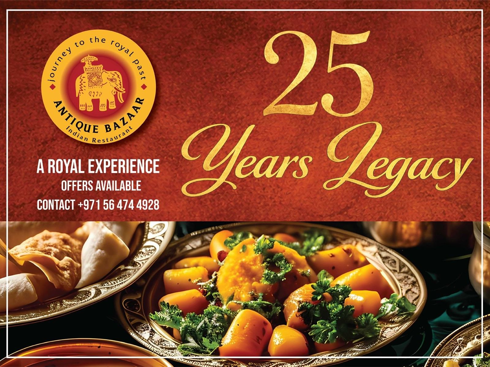 25 years of legacy with traditional dishes and a contact number on a red background.