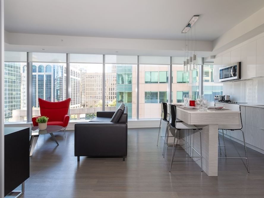 Open living room & kitchen in Two Bedroom at ReStays Ottawa