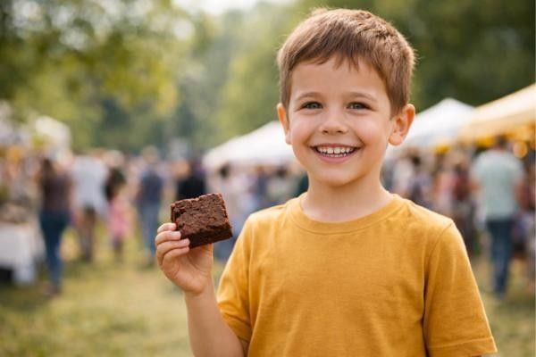 Little boy happy with brownie in hand at Surrey Hills Spring Fair