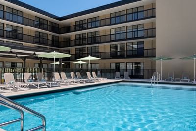 Large outdoor hotel swimming pool with lounge chairs, umbrellas, and balcony views at The Harrison Hotel Downtown Hollywood