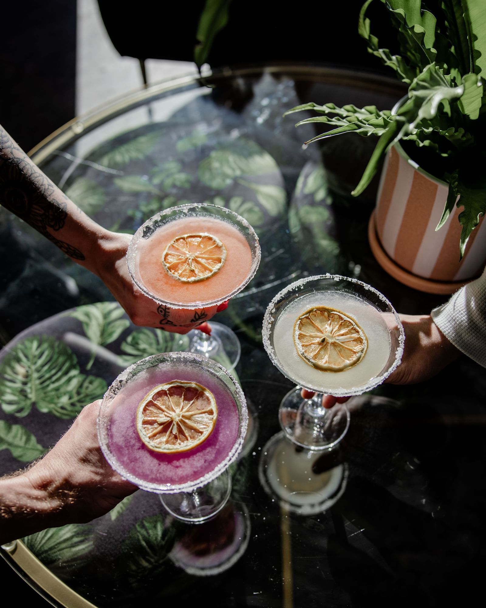 Three hands holding margarita glasses with salted rims and lemon slices