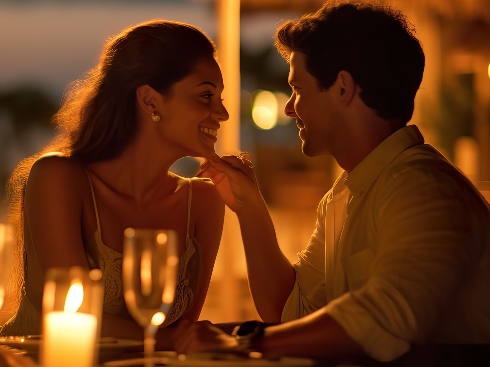 Couple looking at each other in outdoor dining area at Hotel Cascais Miragem Health & Spa