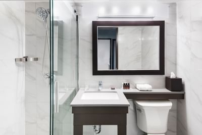Bachelor Suite King Bed bathroom at Embassy Hotel & Suites