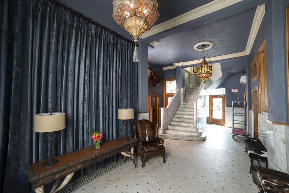Lounge area with upstairs at The Frontier Hotel Pawhuska