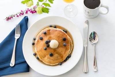 Pancakes with butter & syrup at The Heritage House Resort
