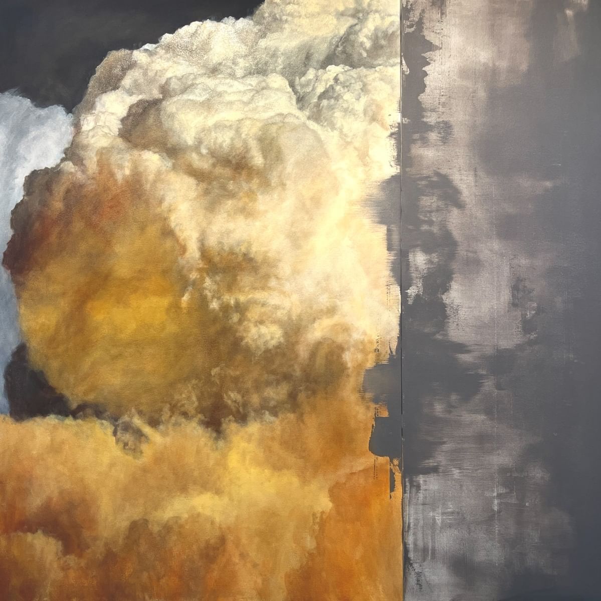 Abstract painting with a large, textured, yellow-brown cloud on the left and a gray, smoky area on the right.