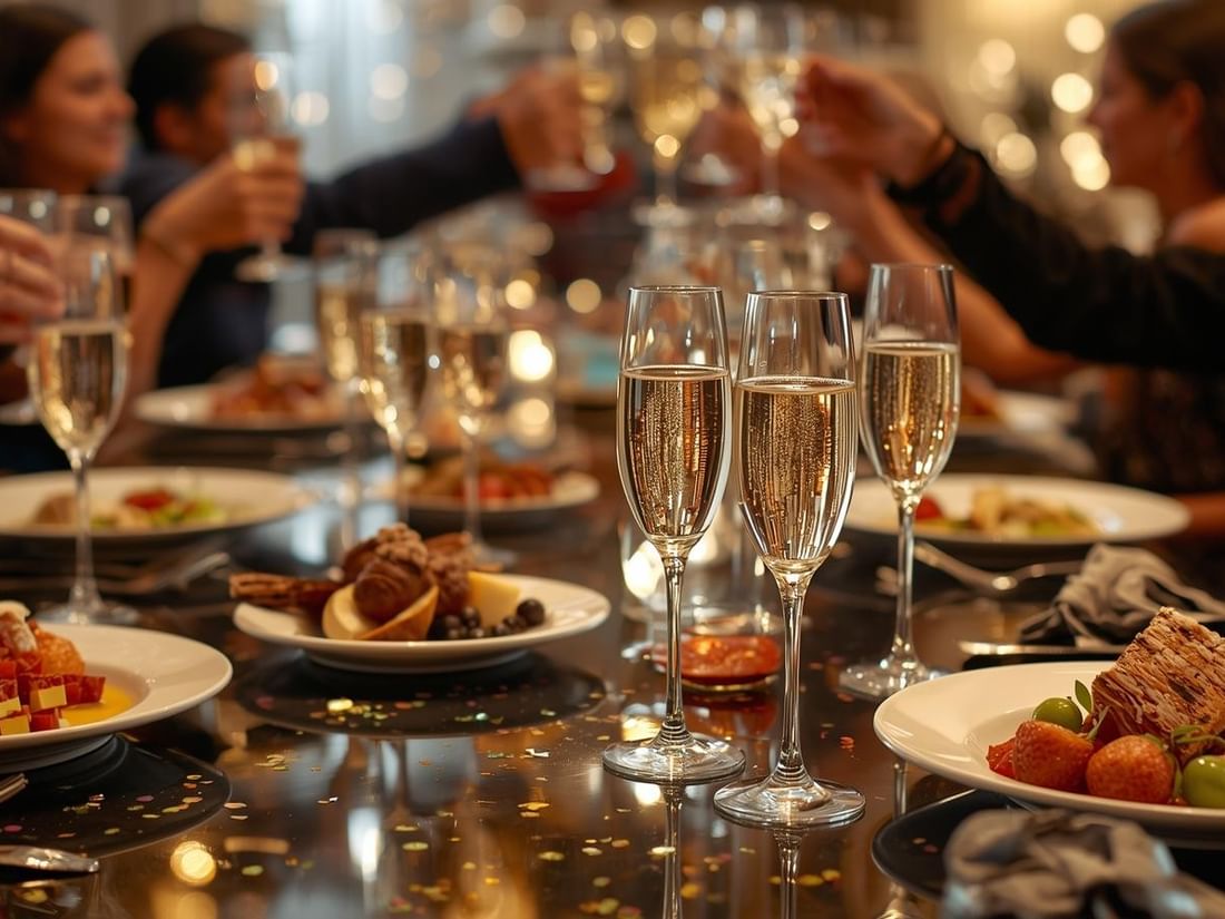 Elegant dining table set for a celebration, with champagne glasses raised in a toast and bokeh lighting at The Sebel Brisbane