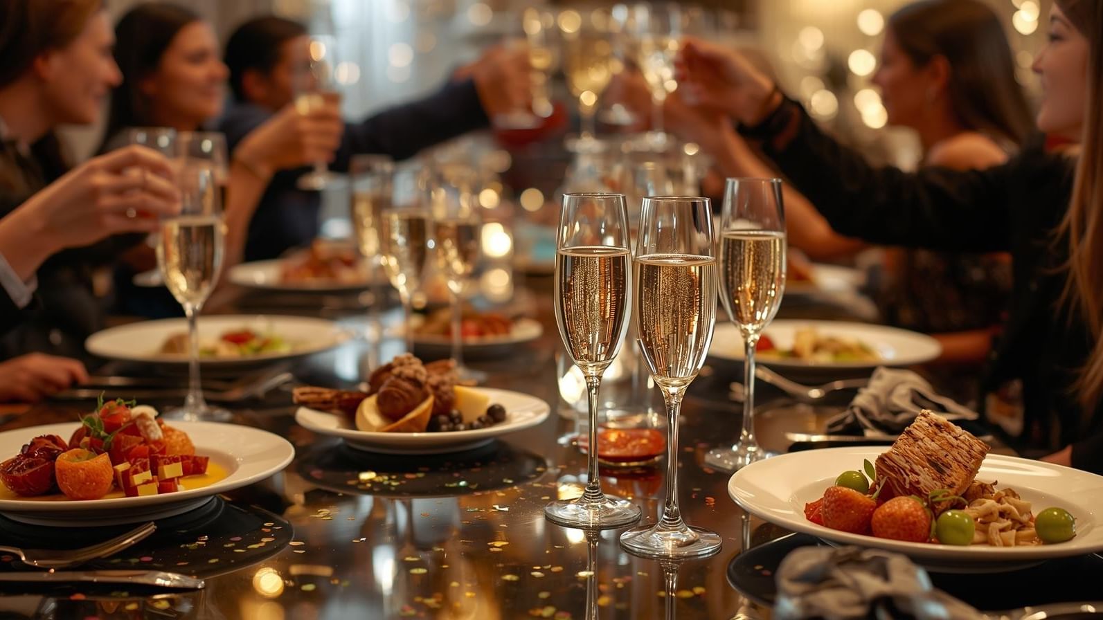 Elegant dining table set for a celebration, with champagne glasses raised in a toast and bokeh lighting at The Sebel Brisbane
