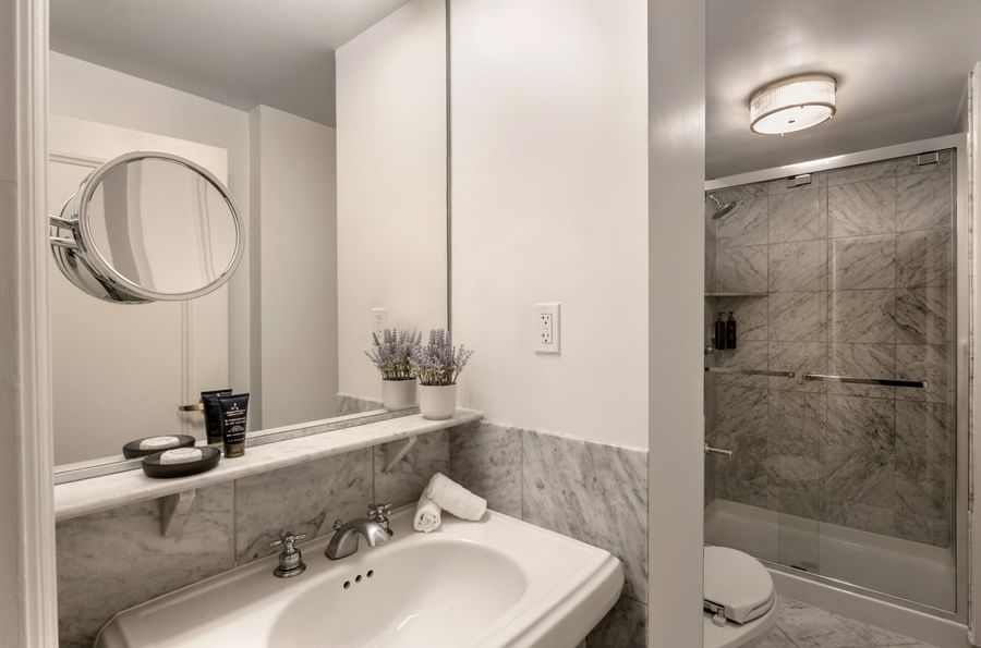 Premium Suite Two Queen Beds bathroom featuring a vanity with a mirror and glass shower at Warwick Allerton Chicago