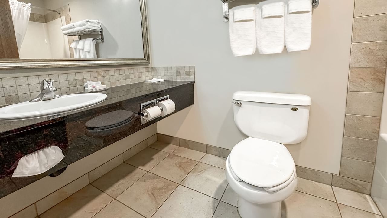 Hotel washroom with toilet, sink, towels and soap