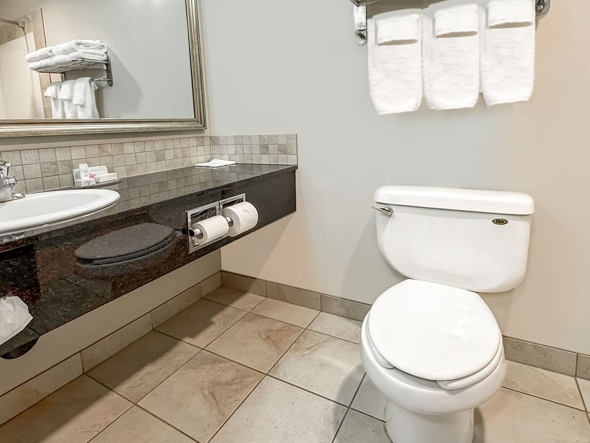 Hotel washroom with toilet, sink, towels and soap