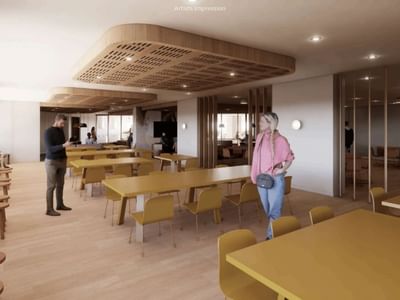 Artistic impression of a modern dining area with wooden tables and chairs at UniLodge Brisbane City.