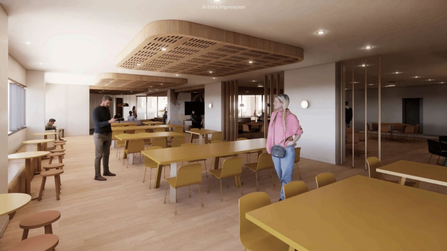 Artistic impression of a modern dining area with wooden tables and chairs at UniLodge Brisbane City.