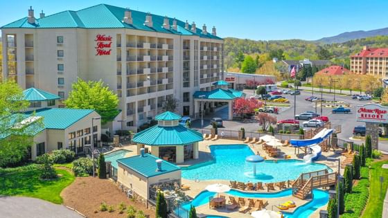 Aerial view of Music Road Resort with the outdoor pool