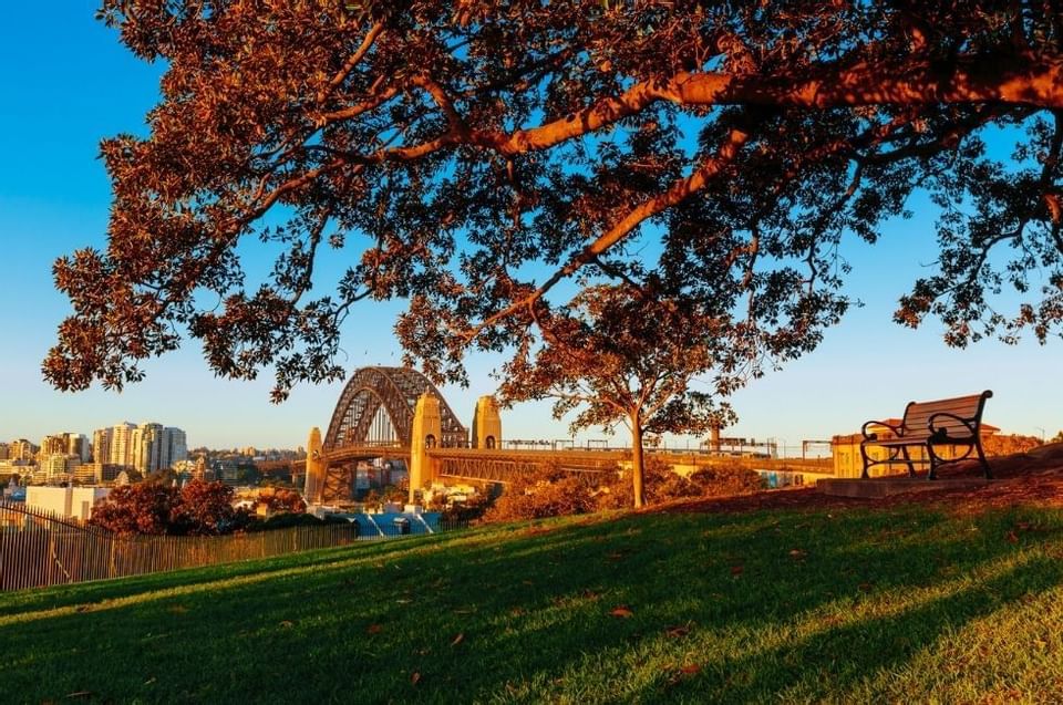 Sydney Harbour Bridge view from garden near Amora Hotel Sydney