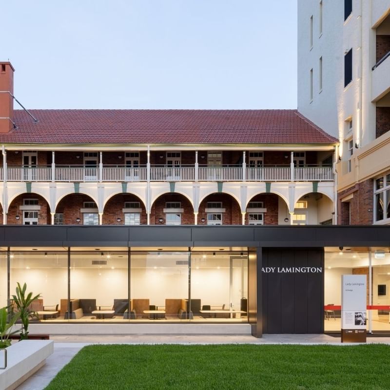 Heritage building with renovated entrance and courtyard at UniLodge Herston.