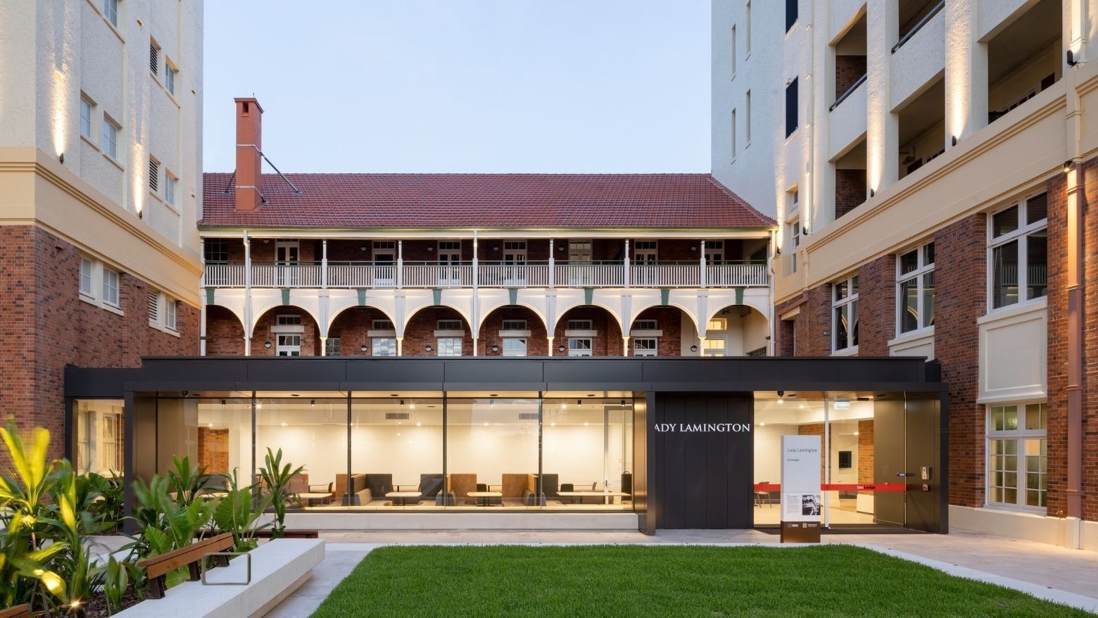 Heritage building with renovated entrance and courtyard at UniLodge Herston.