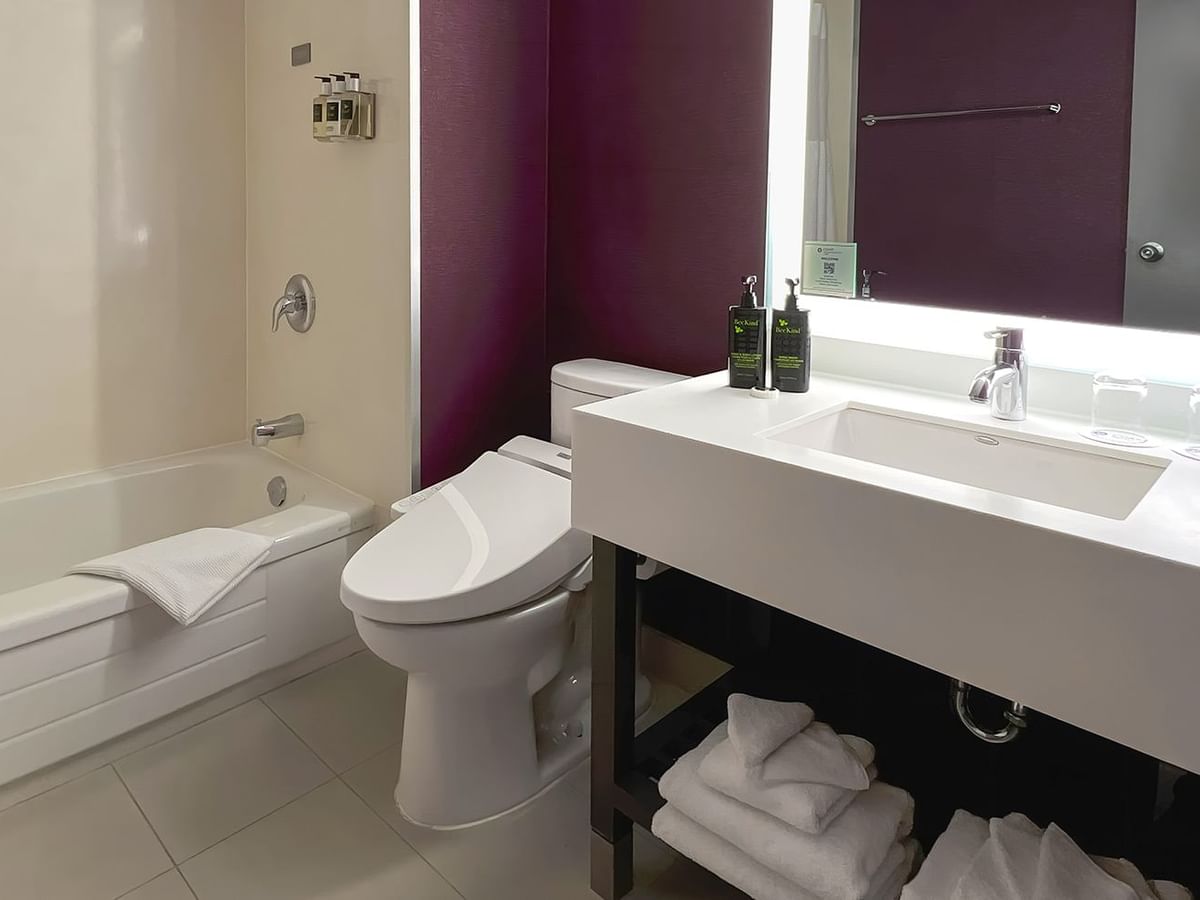 Washroom with toilet, bath tub, sink, soap, and towels