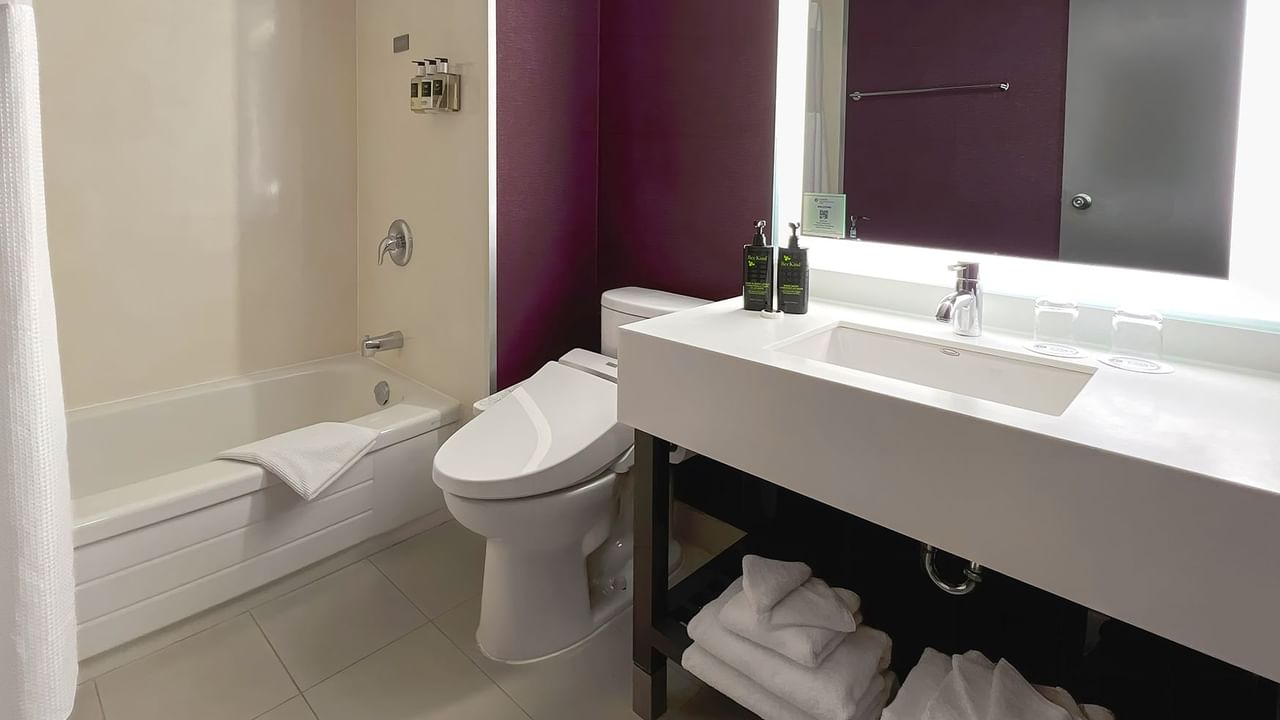 Washroom with toilet, bath tub, sink, soap, and towels