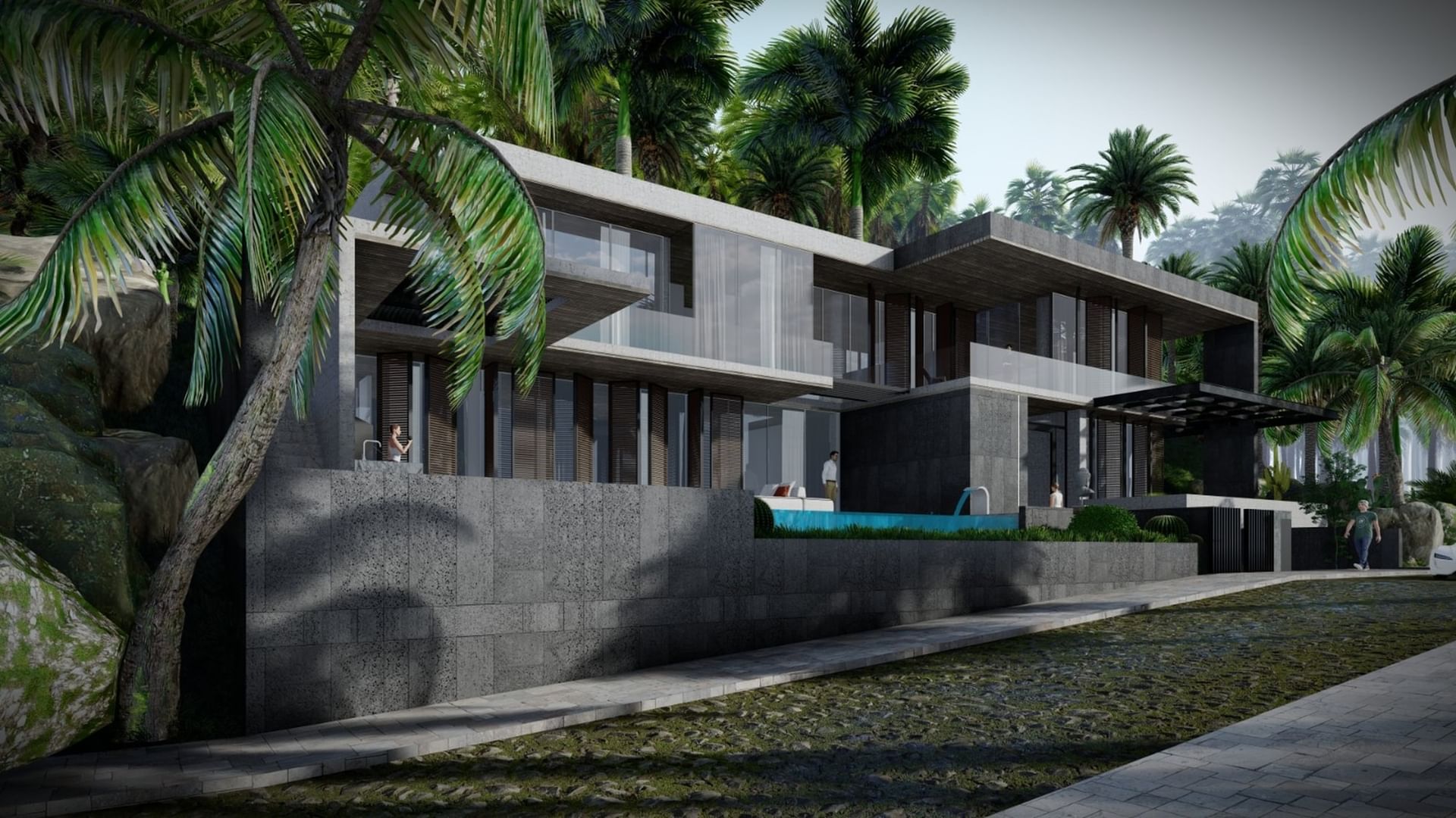Exterior view of two-story Lucia Villa with an attached garage and lush greenery at A'ila Villas