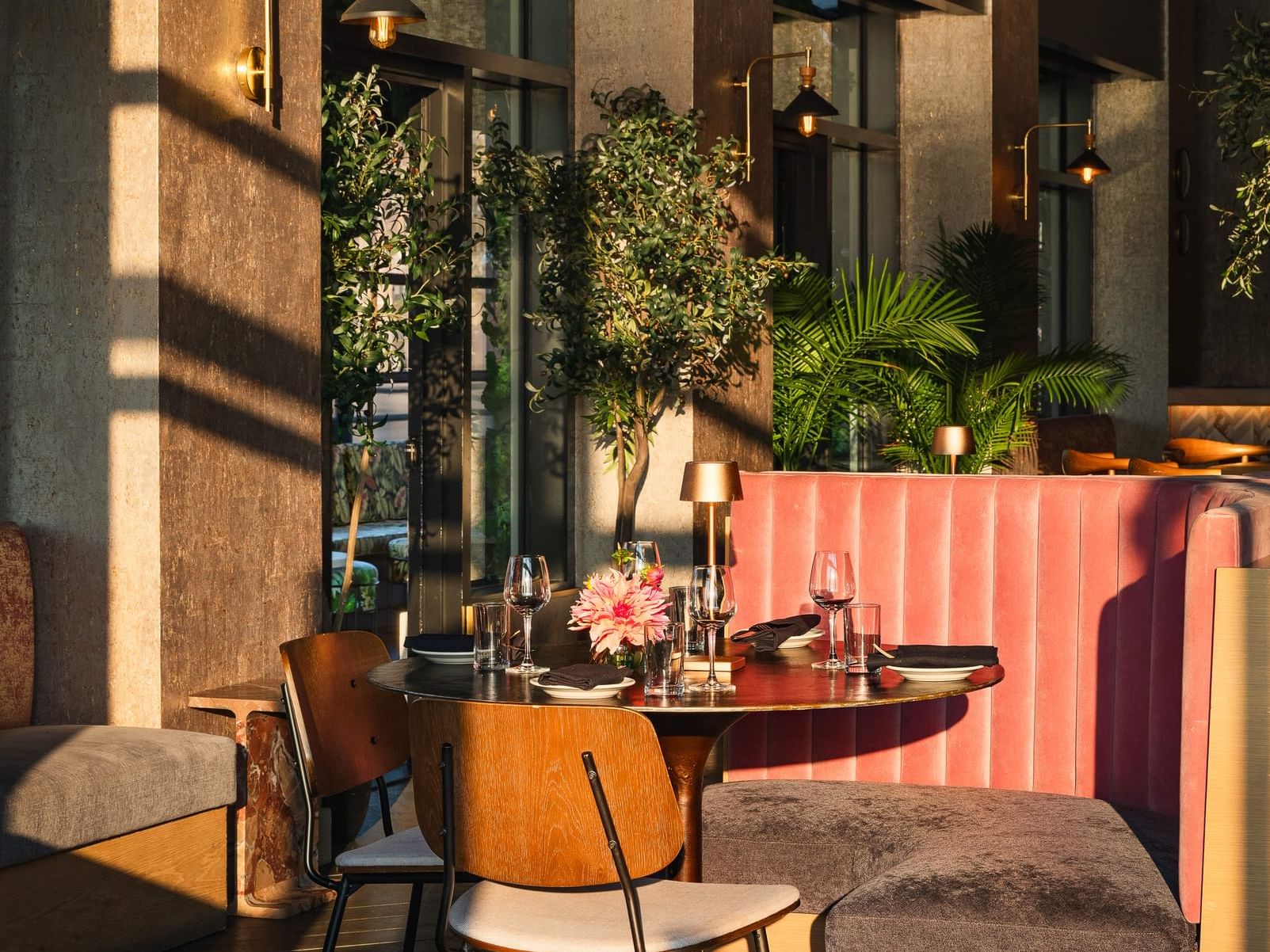 Table with glassware at golden hour