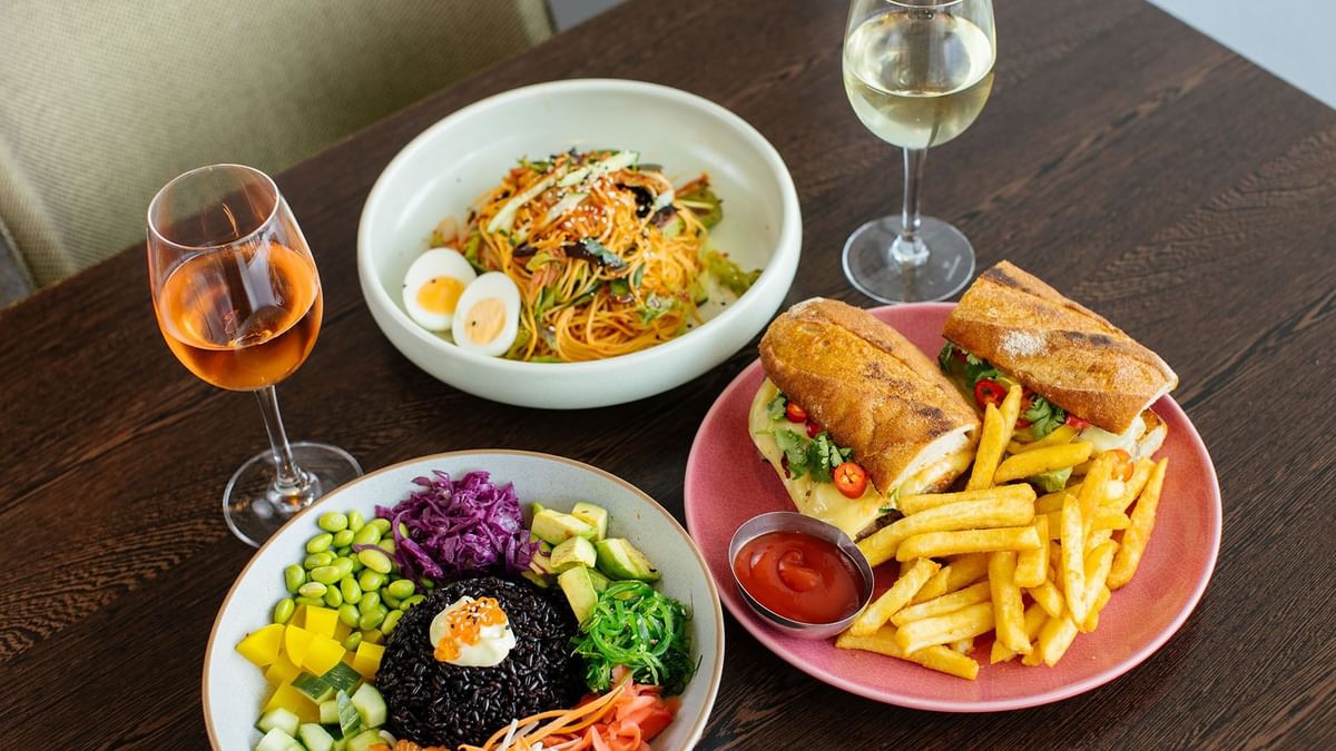 Assorted gourmet dishes with wine in restaurants at Crown Hotels