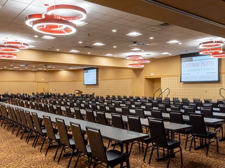 Classroom type set-up in Prairie Room at Gateway Hotel Ames