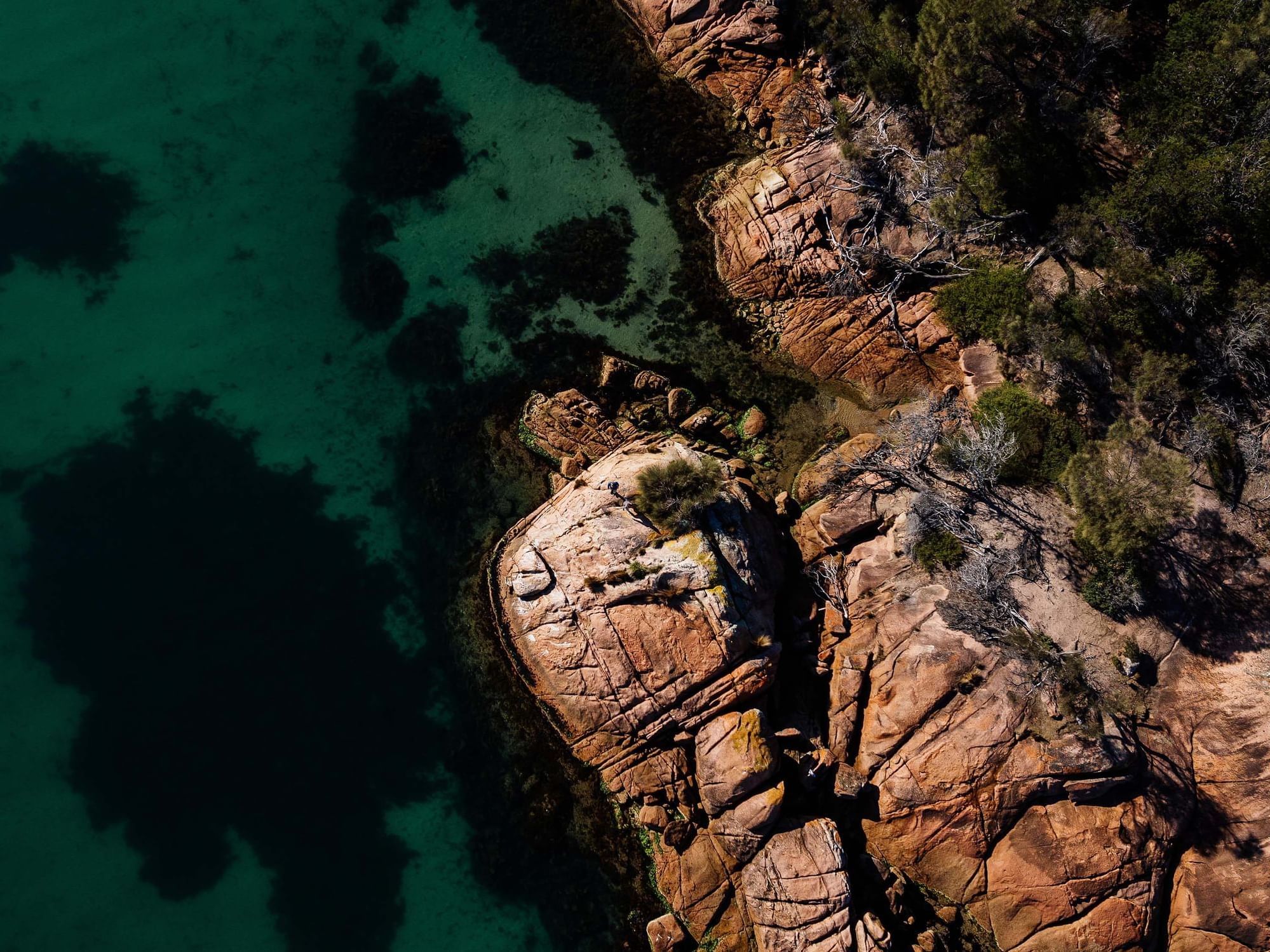 Sky view of the beach by the mountains near the Freycinet Lodge