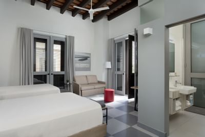 Bed in modern hotel room