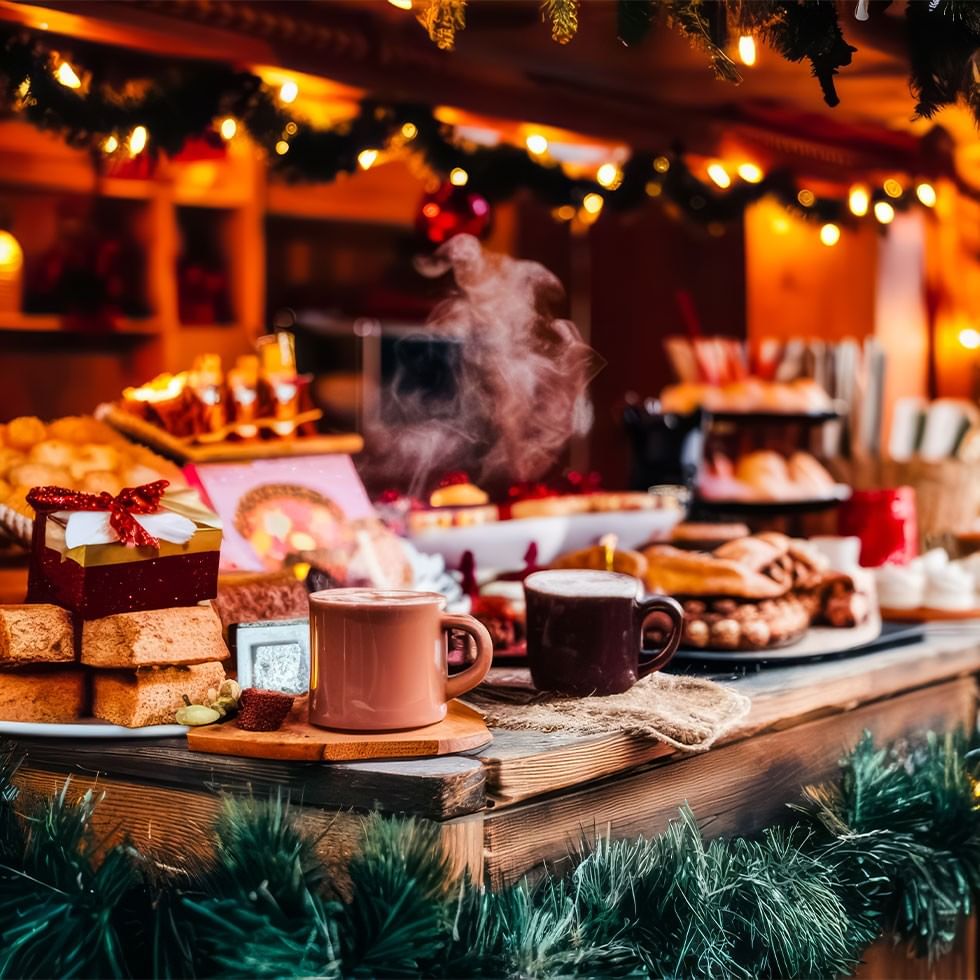 Tavolo natalizio decorato con luminarie, dolci, tè caldo e regali.