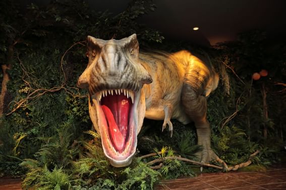 Animatronic T-Rex roaring at the lobby of Henn Na Hotel