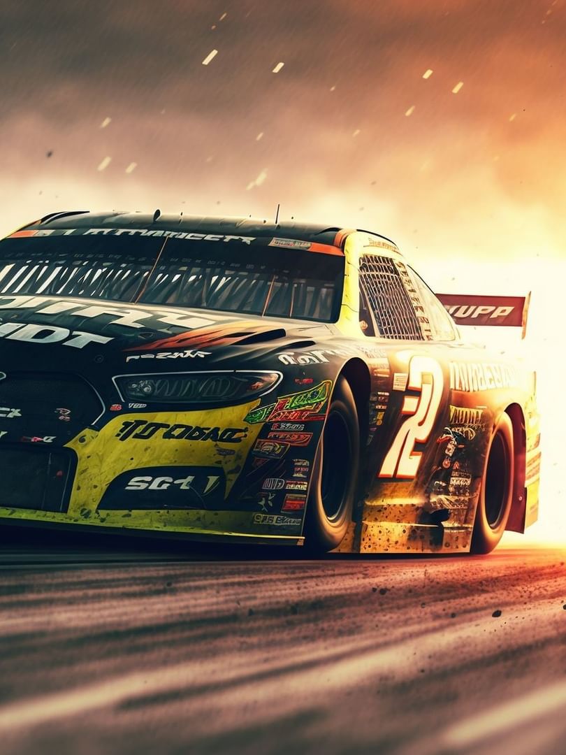 Black and yellow race car speeding on track under a vibrant sunset light near Warwick Allerton Chicago
