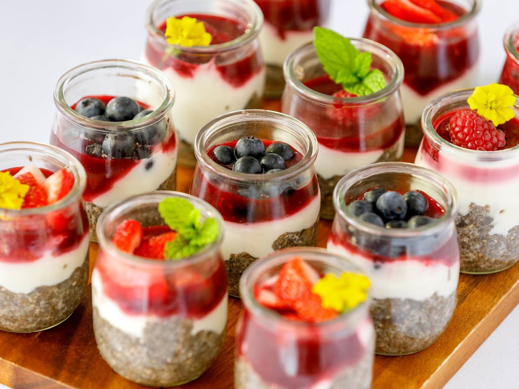 Close-up of vegan trifle mini jars served at Grand Chancellor Melbourne