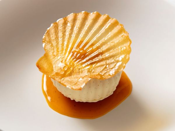 A dessert on a white plate with a shell-shaped topping and a sauce.