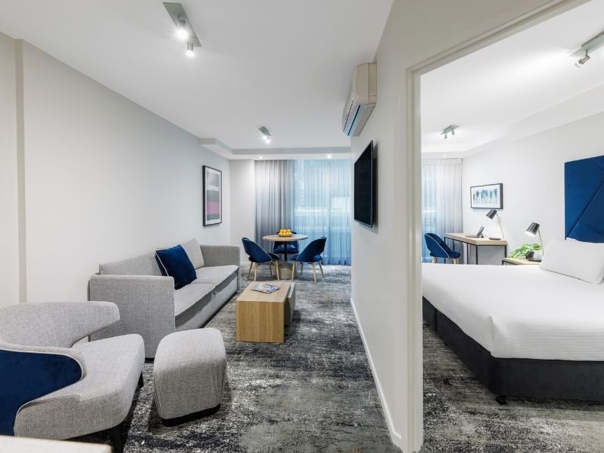 Lounge & Bedroom of 1 Bedroom Apartment at Brady Apartment Hotel Flinders Street