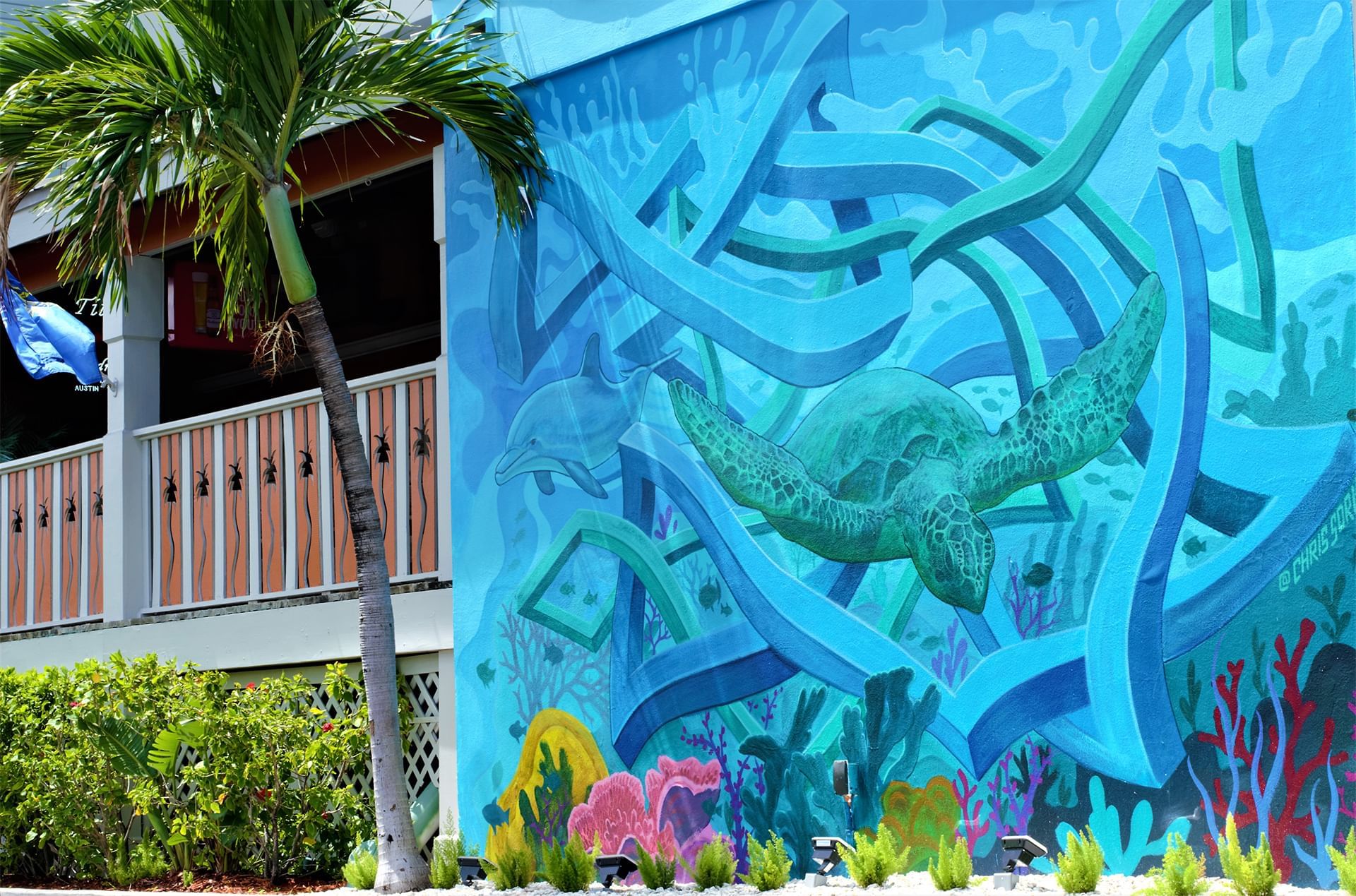 A large mural of a sea turtle at Bilmar Beach Resort