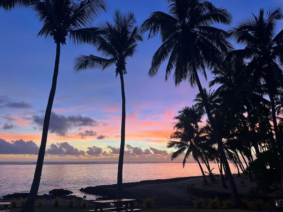 Sunset over ocean view with silhouetted palm trees at Tambua Sands Beach Resort.