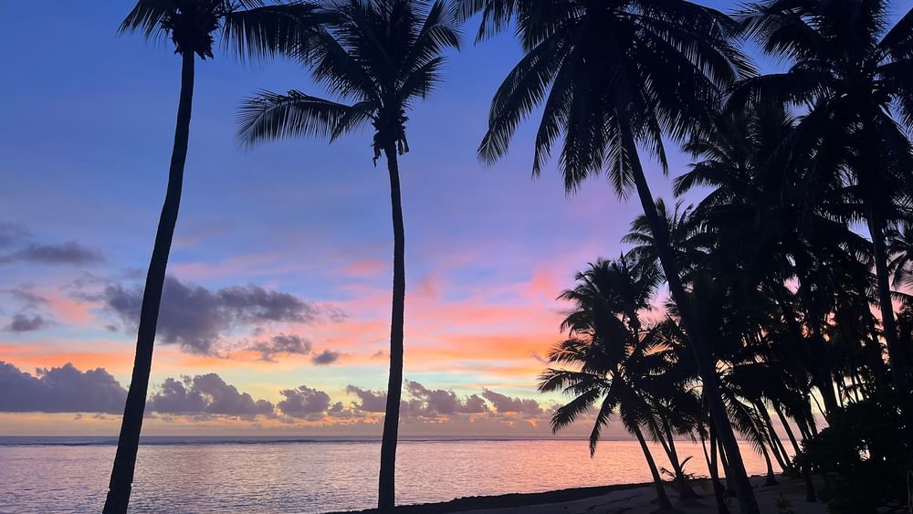 Silhouettes of palm trees against a vibrant sunset sky at Tambua Sands Beach Resort in Sigatoka.