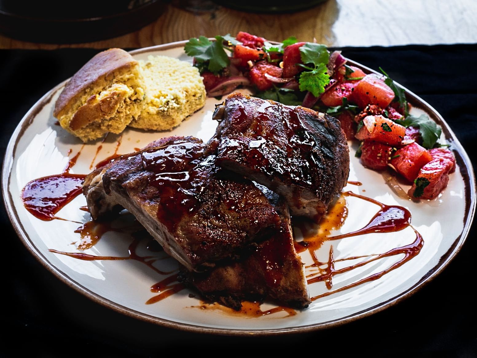 prickly pear and chipotle glaze, watermelon-cilantro salad, jalapeno cornbread