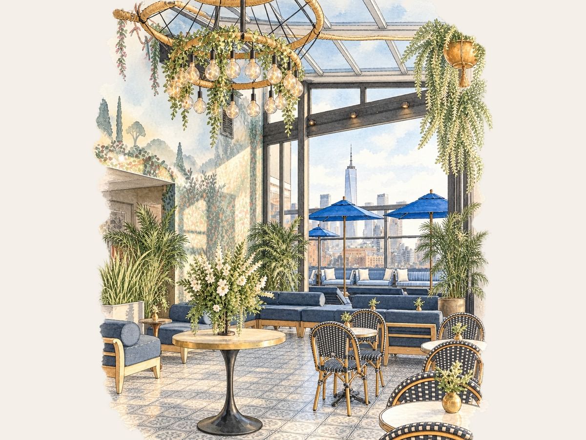 Gansevoort Rooftop features blue seating, bistro chairs, and hanging plants with city views at Gansevoort Meatpacking NYC