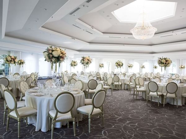 Banquet table set-up in Pavillon Hall at Chateau Vaudreuil