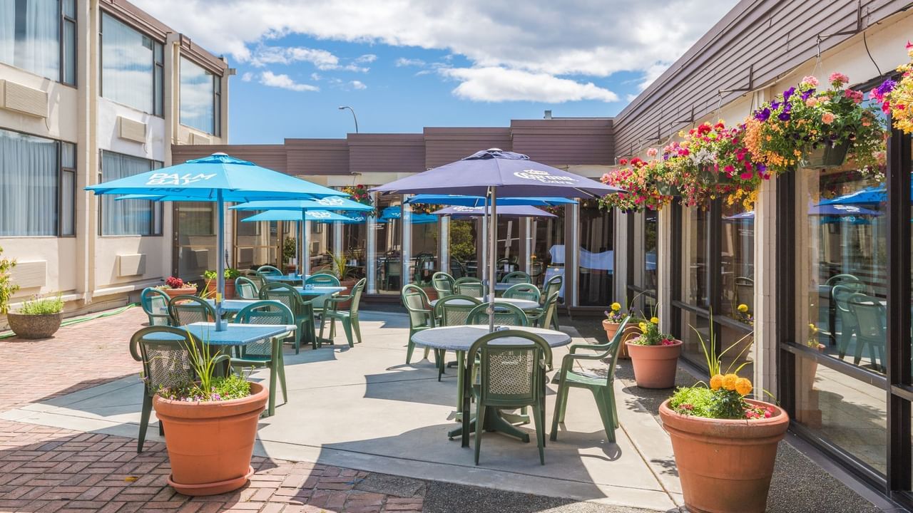 Outdoor patio with seating and flowers