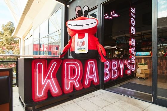 Entrance of Krabby's Crab Boil Restaurant near Nesuto Docklands