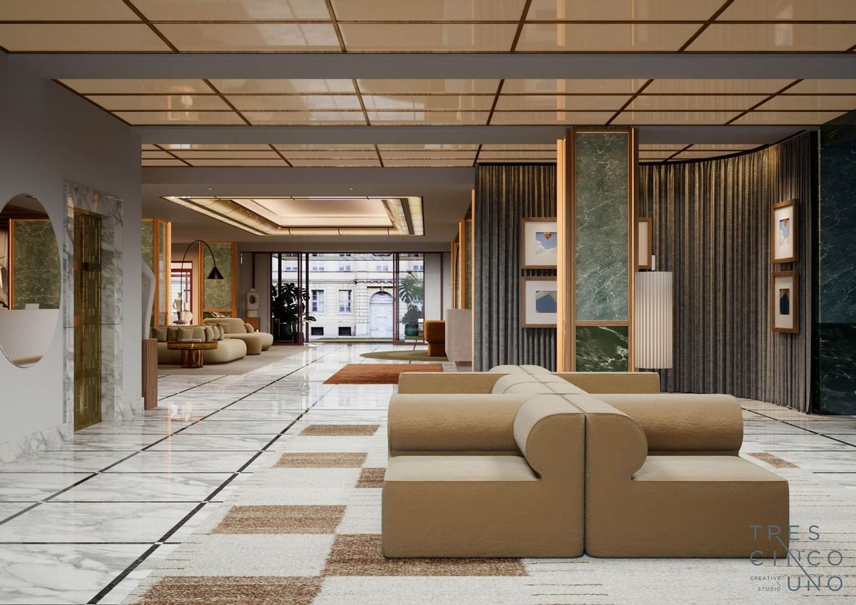 Interior view of a modern lobby area at Almanac X Prague