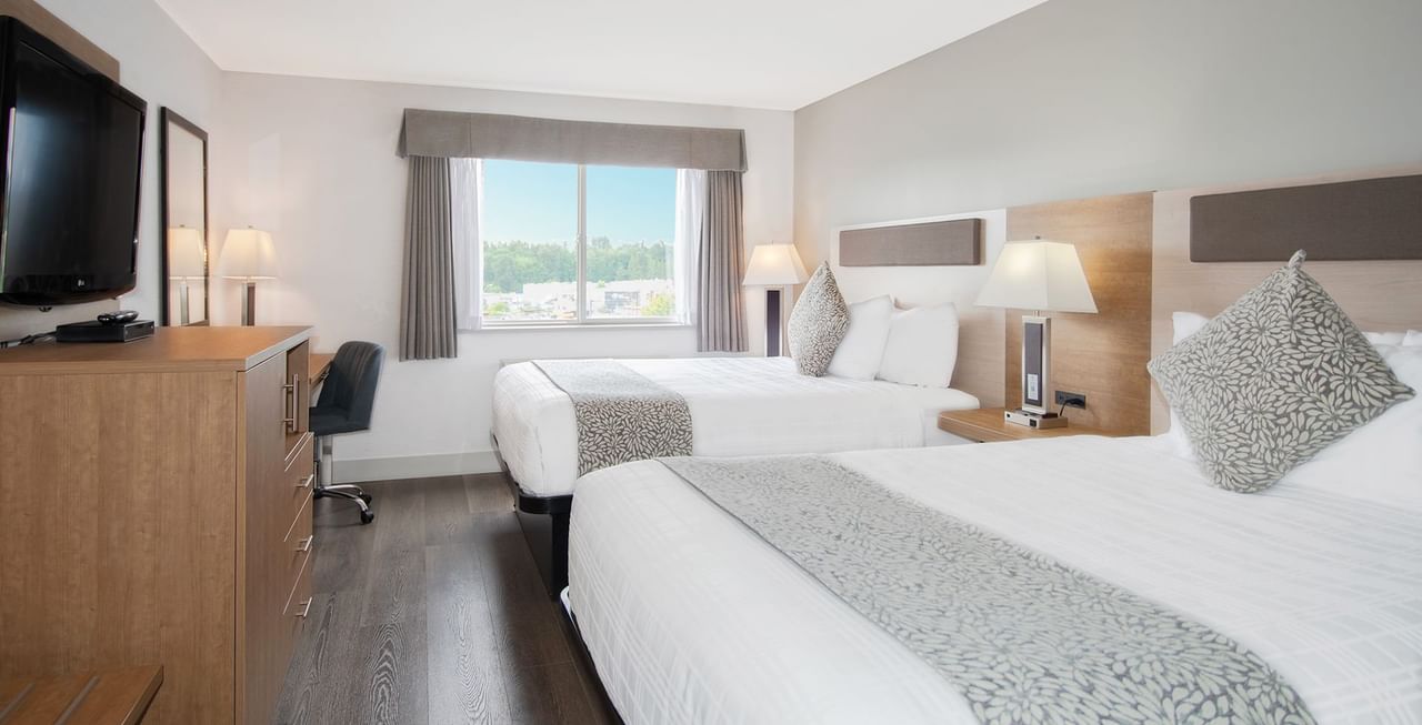 Room with two queen beds, TV, window, chair, mirror, and desk