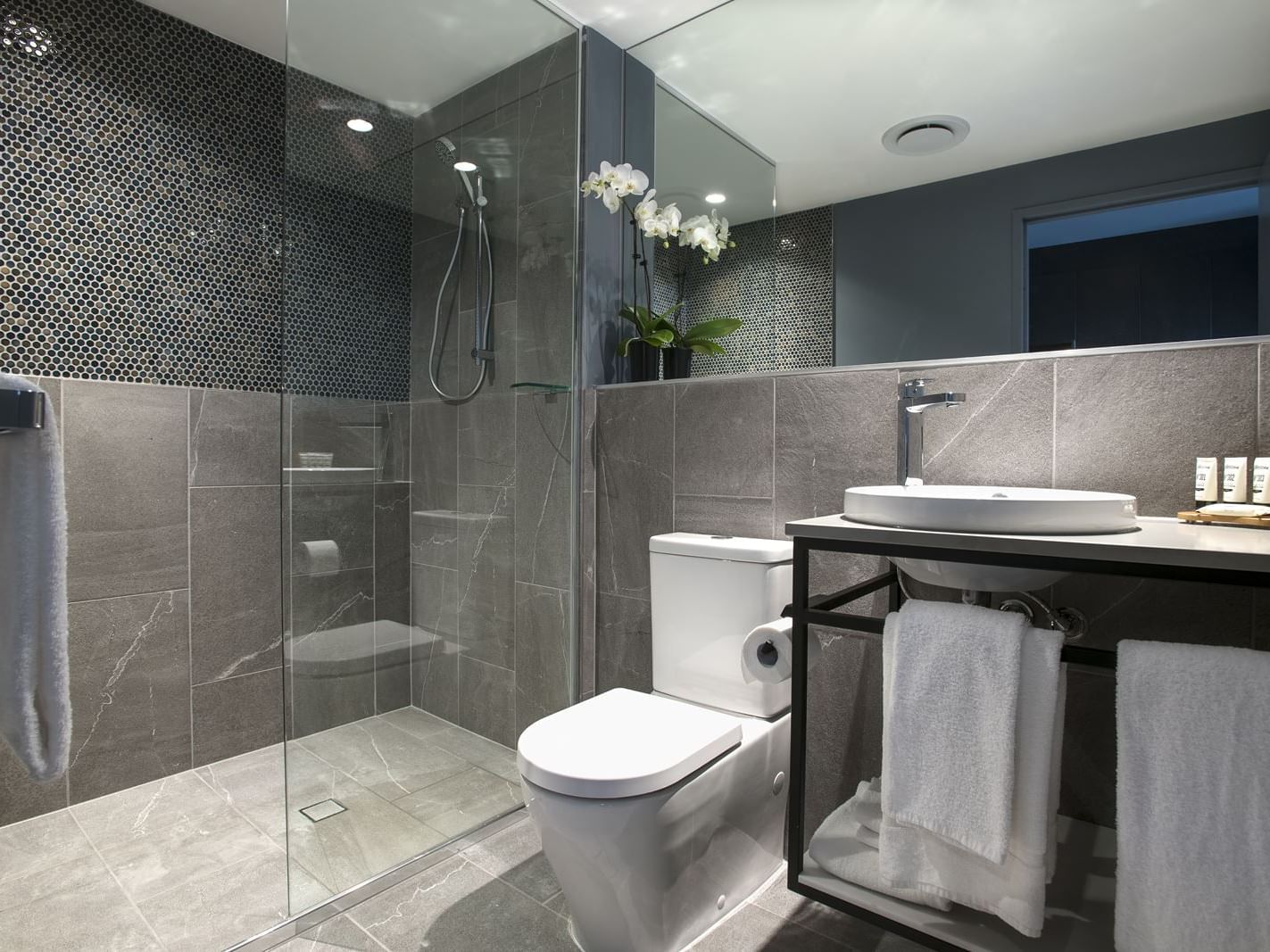 Bathroom with glass shower door at Sebel Brisbane Margate Beach