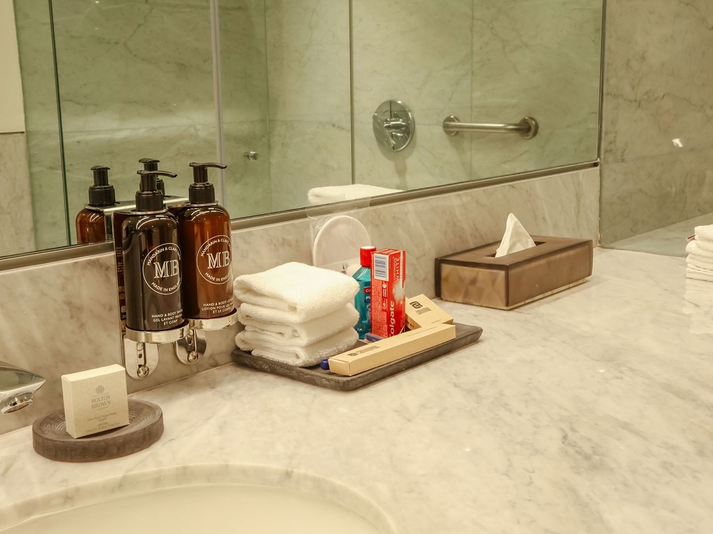 Bathroom sink and amenities in King Superior Junior Suite at Camino Real Polanco Mexico in Ciudad de Mexico.